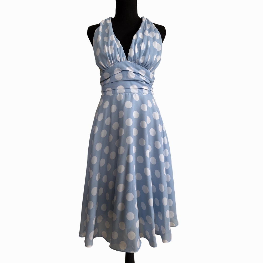 Vintage Rubber Ducky Light Blue Polka Dot Halter Dress Rockabilly Pinup Size S